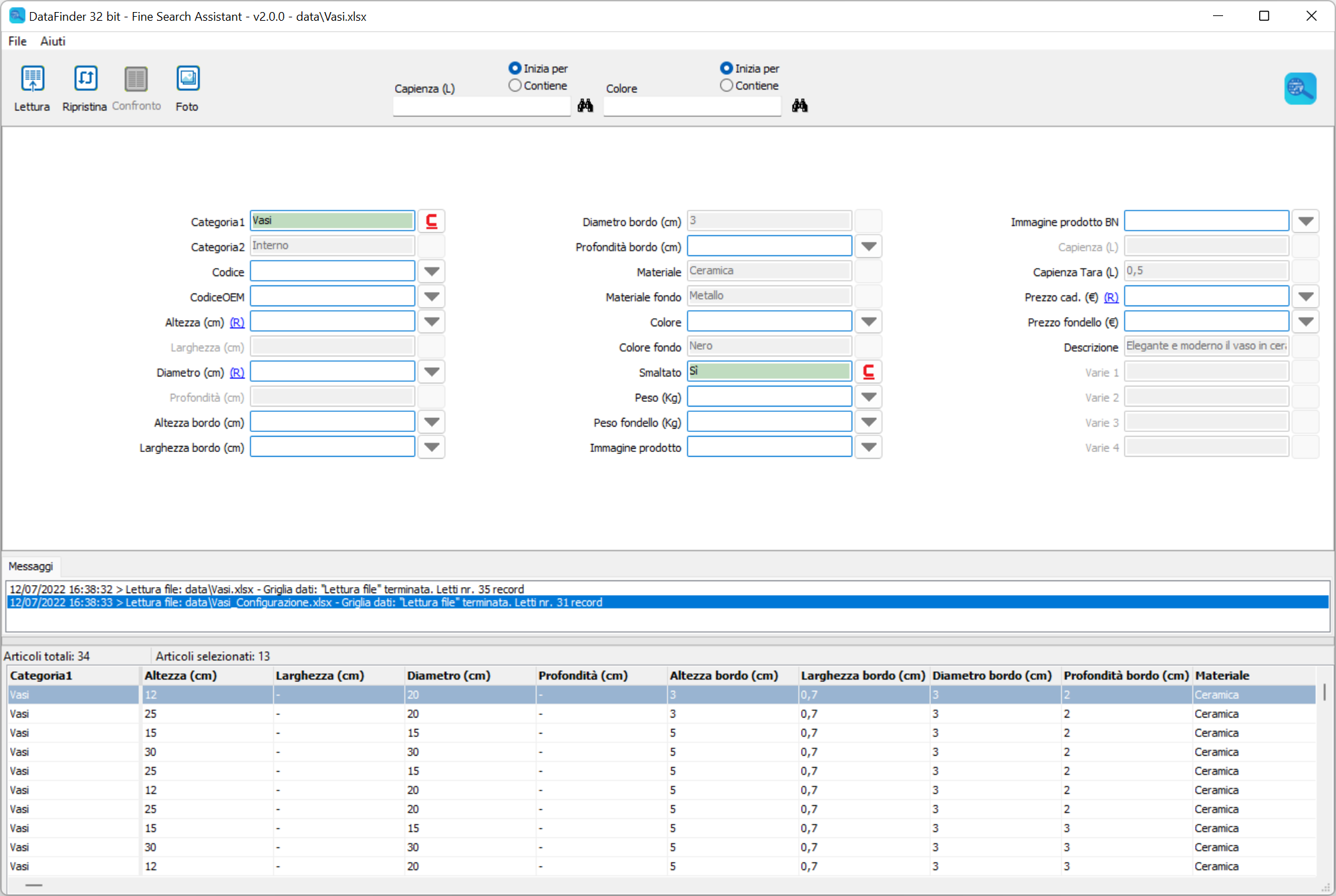Finestra principale di DataFinder